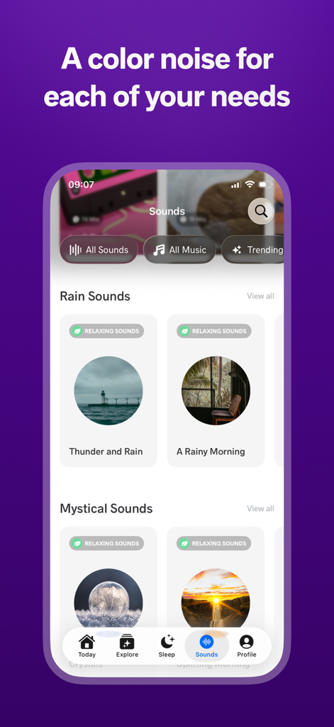 Meditopia: Sleep, Meditation - Meditopia-App-Bildschirm mit einer Bibliothek entspannender Regen- und mystischer Klänge zum Schlafen.