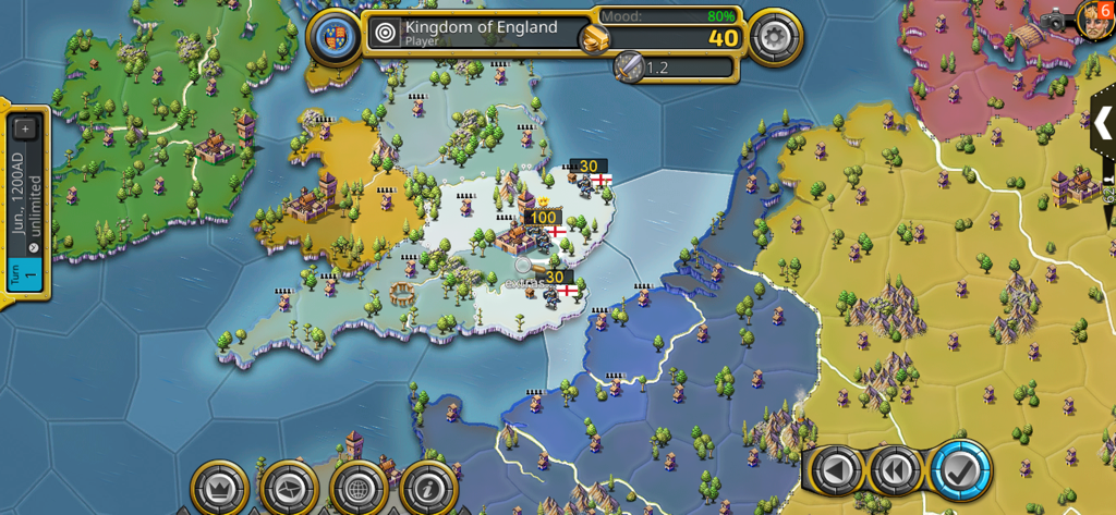 Carte de jeu d'Age of Conquest IV montrant le Royaume d'Angleterre sur une carte stratégique mondiale.