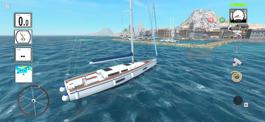 Dock your Boat 3D - A 3D sailing yacht simulation showing navigation instruments and boat controls in a harbor