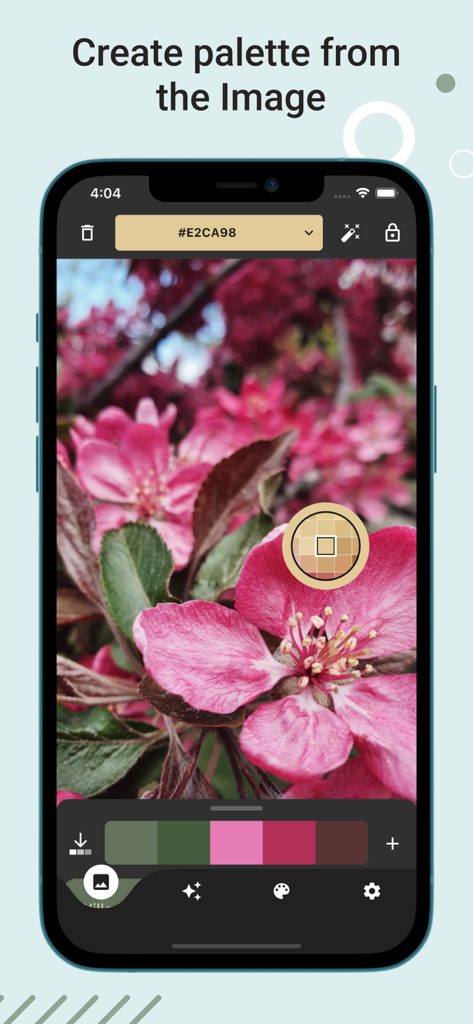 Color Picker: Grab Palette - Color Picker app interface creating a color palette from a floral image