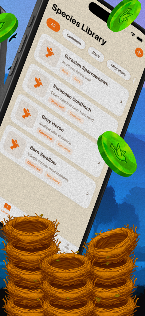 Wild Bird Ledger - Wild Bird Ledgerアプリの種ライブラリを表示するスマートフォン画面。ユーラシアチュウヒやヨーロッパゴシキヒワなどの鳥の観察リストが表示されています。