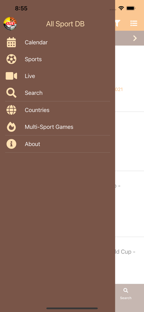 All Sport DB Live - カレンダー、スポーツ、ライブ、検索のオプションが表示されたAll Sport DB Liveアプリのサイドバーナビゲーションメニュー。