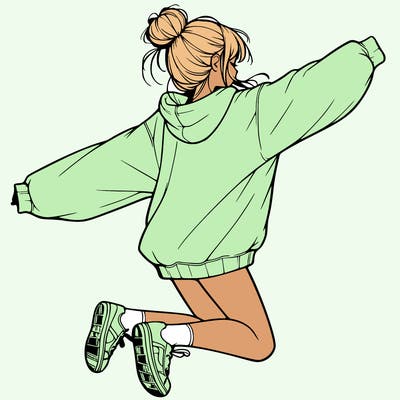 realistic girl jumping with a bun and oversized sweatshirt