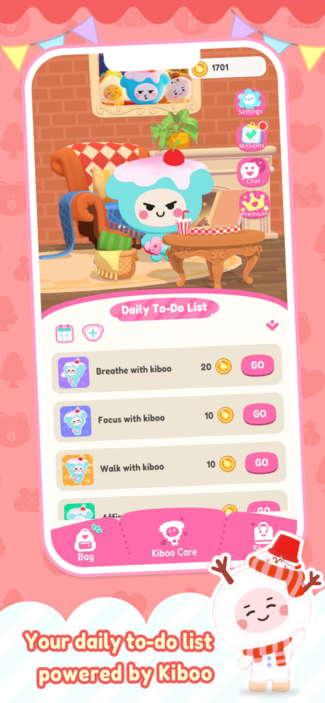 Kiboo: Your AI Friend - Interface de liste de tâches quotidiennes dans l'application Kiboo montrant des tâches de bien-être et des récompenses en pièces.