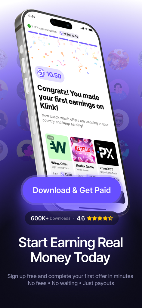 Klink: Earn Cash & Rewards - Klink app interface showing a success message for first earnings and trending task offers to make money