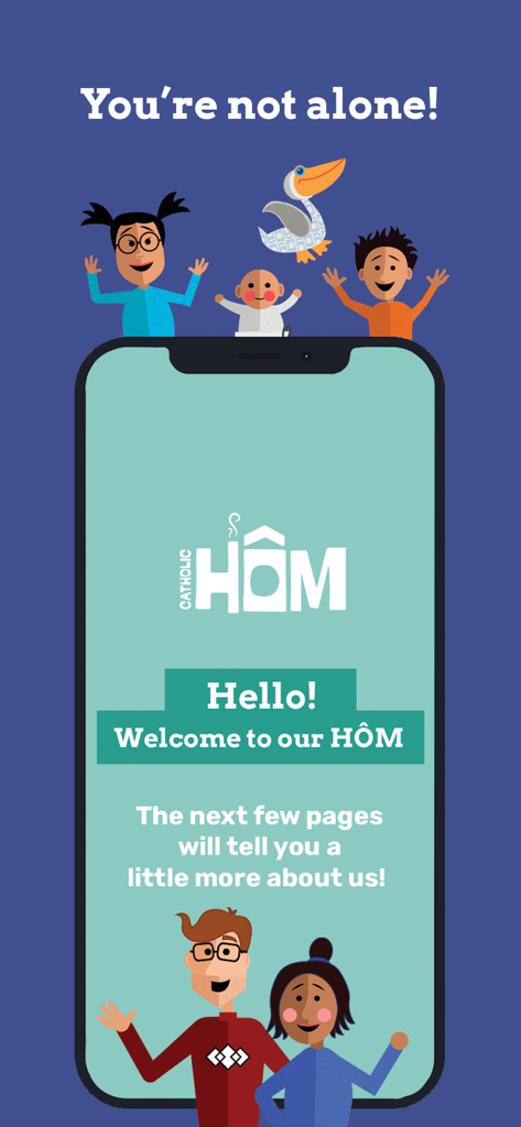 CatholicHÔM - CatholicHOM app welcome screen with cartoon family and greeting message