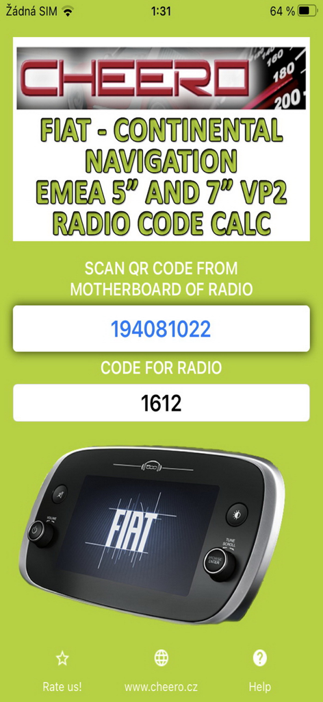 Interface of the Fiat radio code calculator app showing a generated code for a VP2 navigation unit