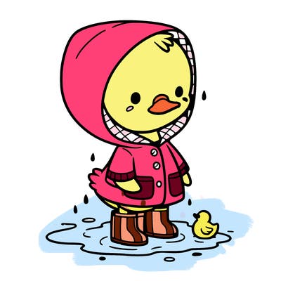 baby duck in a rain coat and boots, in a puddle while it’s raining