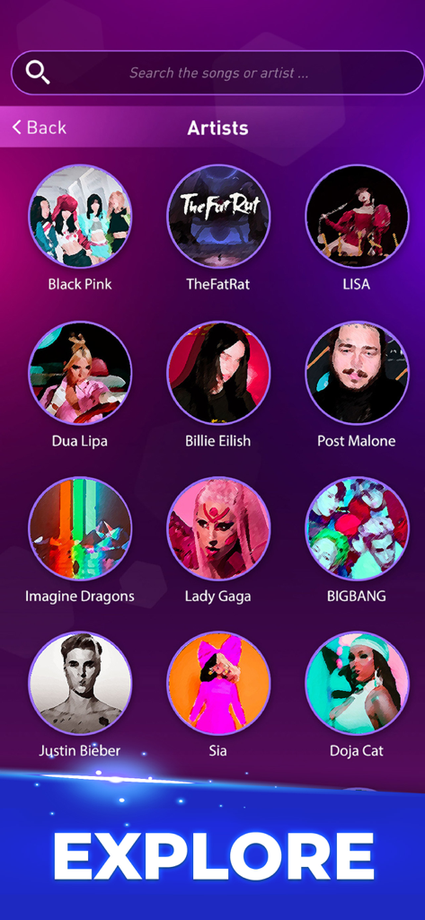 Tiles Hop: Music Ball Clash - Una pantalla en Tiles Hop que muestra una selección de artistas musicales populares como Billie Eilish, Black Pink y Post Malone