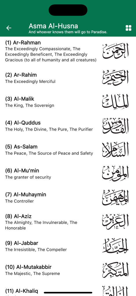 Tawhid: Prayer, Quran, Ramadan - A mobile app screen showing the Asma Al-Husna 99 names of Allah with Arabic calligraphy and English meanings