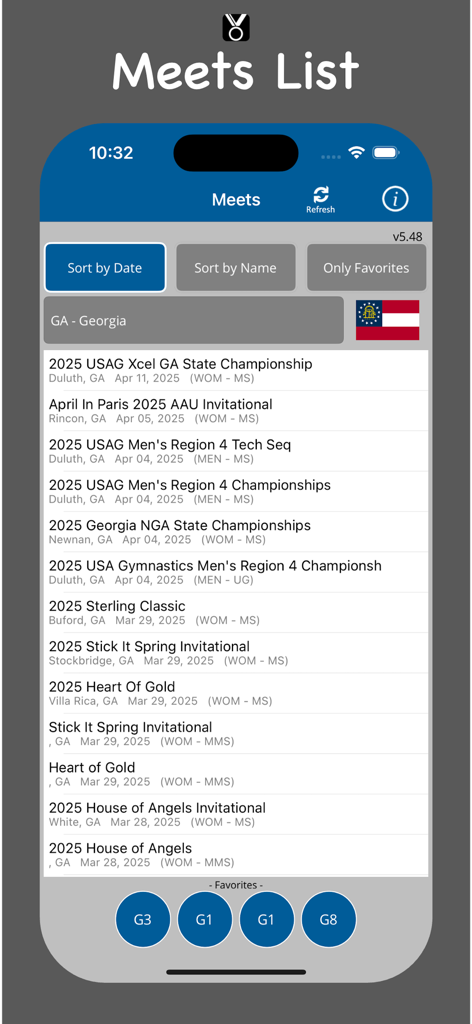 Meets list screen in At the Meet app showing upcoming gymnastics competitions in Georgia