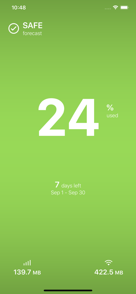 DataMan - Data Usage Widget - DataMan app interface showing twenty four percent data usage and a safe status forecast on a green screen