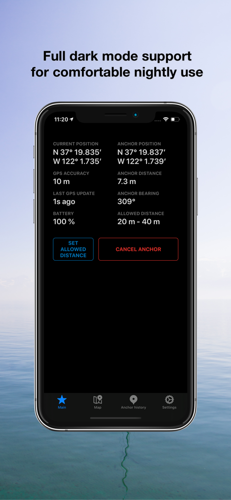 Anchor Pro - Interface du mode sombre de l'application mobile Anchor Pro pour la surveillance d'ancre de bateau