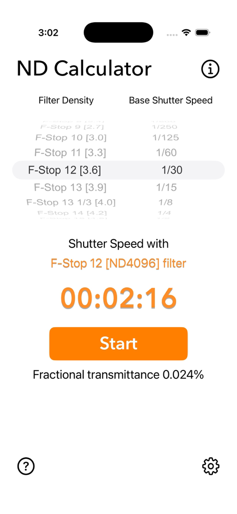 Neutral Density Calculator - Interface da aplicação Calculadora de Densidade Neutra mostrando o cálculo da velocidade de obturador de longa exposição e o temporizador regressivo