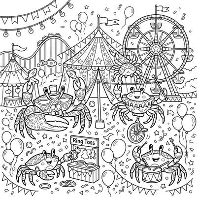 Step right up to the most extraordinary show under the sea! This whimsical coloring page features energetic reef crabs transformed into delightful carnival performers, bringing joy and laughter to a vibrant fairground.