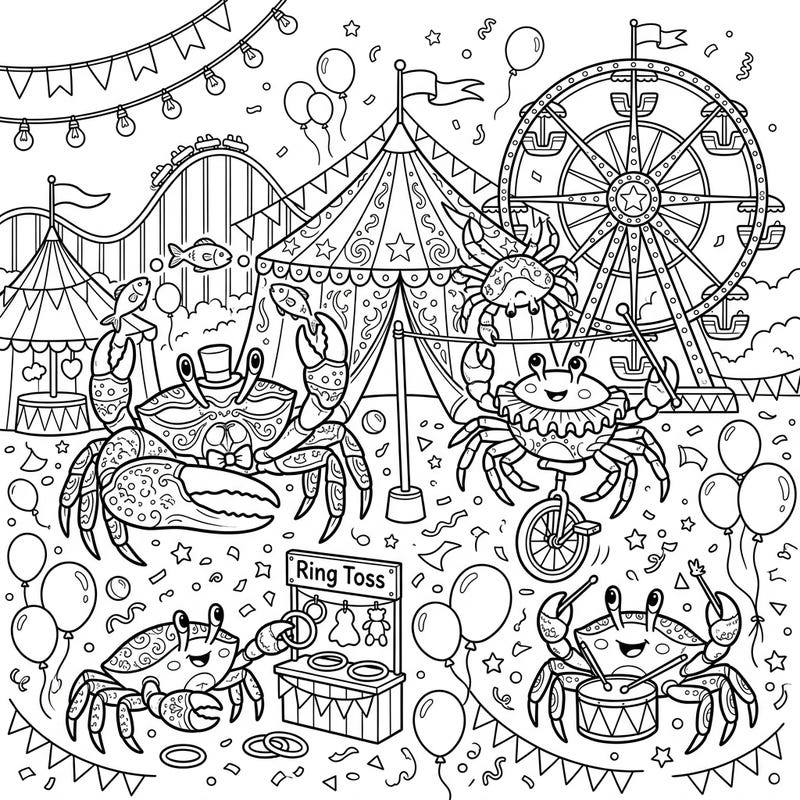 Step right up to the most extraordinary show under the sea! This whimsical coloring page features energetic reef crabs transformed into delightful carnival performers, bringing joy and laughter to a vibrant fairground.