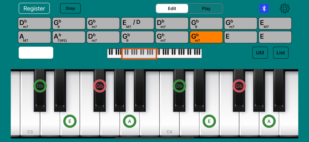 Piano Chords Master [Classic] - Piano Chords Master app interface showing a chord progression sequencer and a virtual keyboard with highlighted musical notes