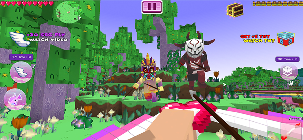 Kawaii Planet Craft - Vista en primera persona de Kawaii Planet Craft con un lazo en forma de corazón y personajes enmascarados en un mundo de bloques colorido.