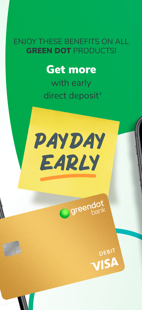 Tela do aplicativo Green Dot mobile banking promovendo depósito direto antecipado com um cartão Visa Gold.