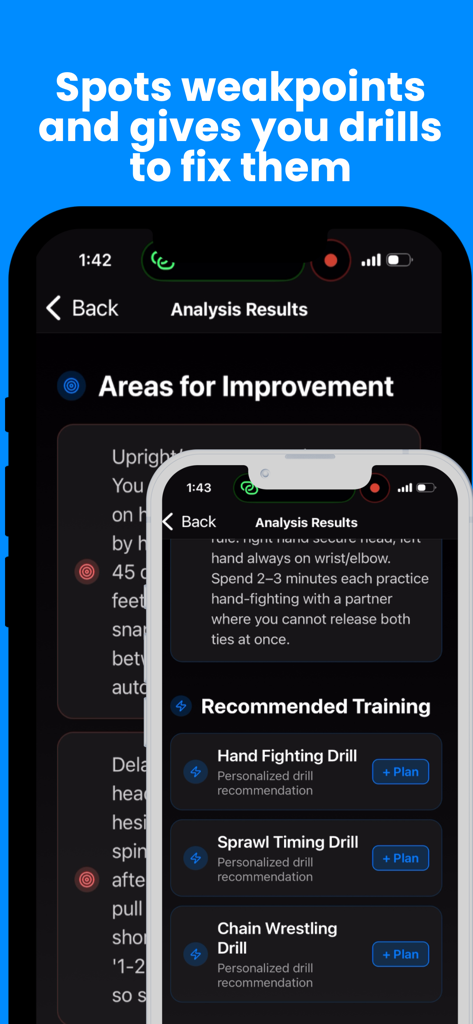 Wrestle AI App-Bildschirme mit Analyseergebnissen und Bereichen für Verbesserungen sowie empfohlenen Trainingsübungen