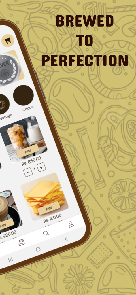 Mobile app interface for Java Lounge showing coffee menu and food items with the text Brewed to Perfection.