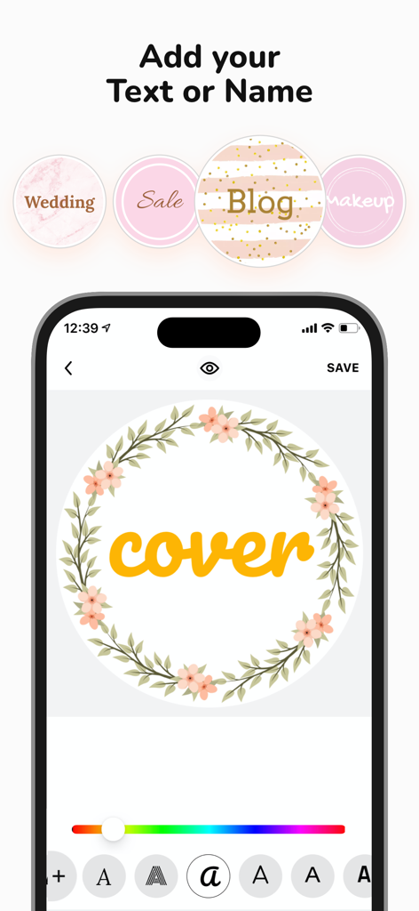 Highlight Cover: StoryLight - Mobile app interface for adding custom text to Instagram highlight covers with floral designs