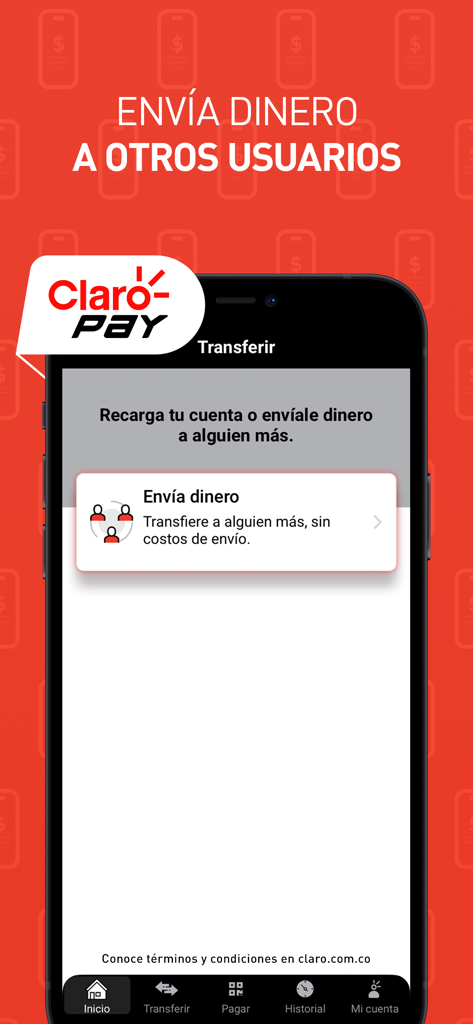 Claro Pay Colombia - Screenshot of the Claro Pay Colombia app showing the transfer money feature to other users