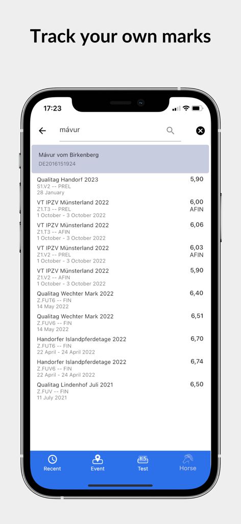 IceTest NG - IceTest NG app screen showing a list of competition marks and scores for an Icelandic horse