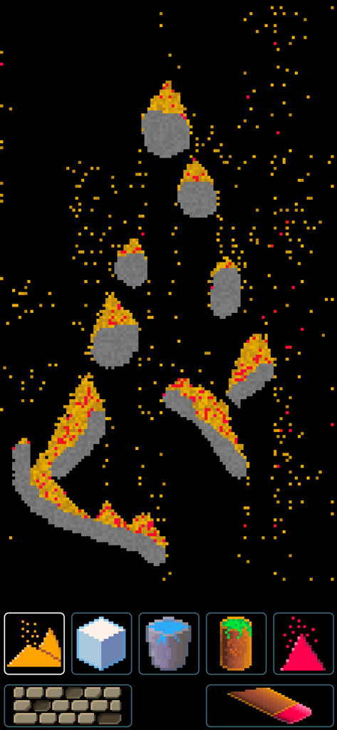 Pixel Sand - digital sandbox - Gameplay of Pixel Sand digital sandbox showing orange pixels falling onto grey platforms with material icons at the bottom.