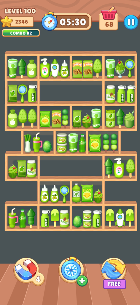 A screenshot of Match Goods Sorting Challenge gameplay showing various green household items on wooden shelves for triple matching.