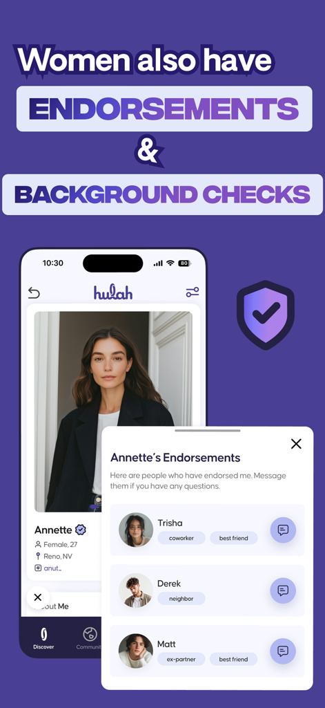 Hulah — Dating app - A screenshot of the Hulah app displaying a woman's profile with a list of social endorsements from friends, coworkers, and neighbors.