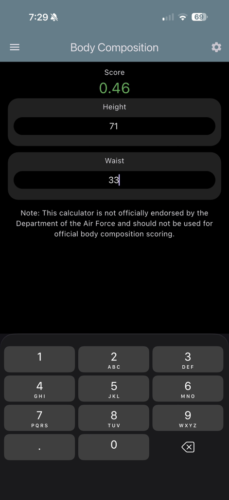 USAF PFA & USSF HPA Calculator - Body composition calculator screen showing height and waist inputs for USAF fitness assessment