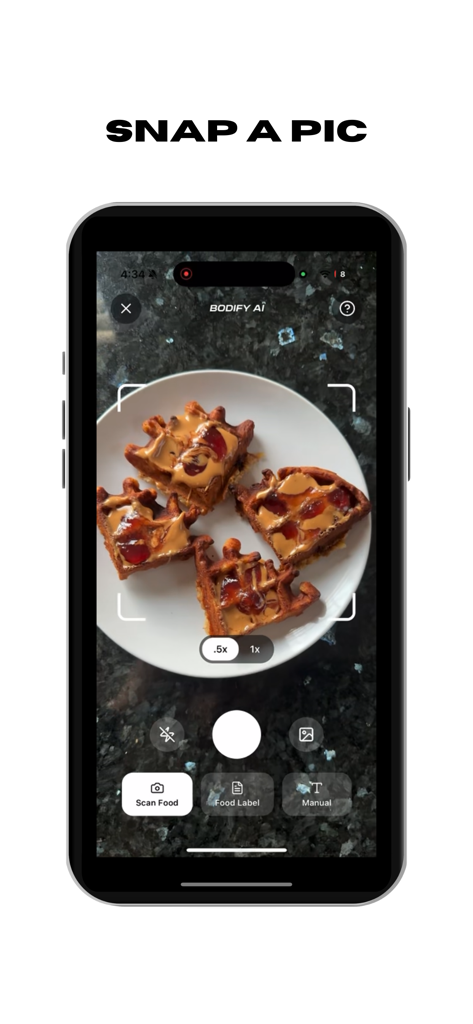 Bodify AI app screen showing a user taking a photo of a meal to track calories using the AI food scanner feature