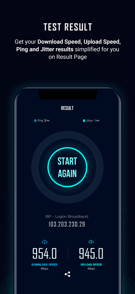 Internet Speed Test –FiberTest - Screenshot of FiberTest app showing high speed download and upload results with ping and jitter metrics