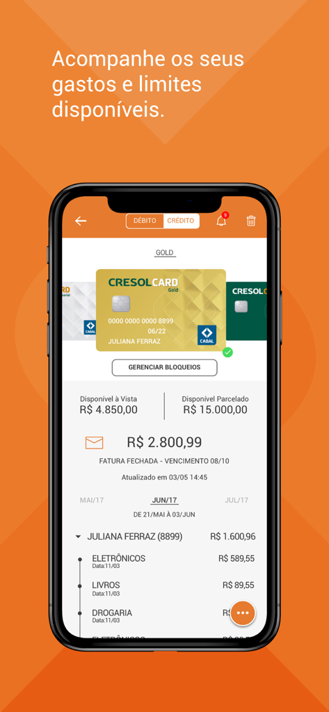 Cresol Cartões - Interface do aplicativo móvel Cresol Cartoes mostrando limites de crédito e histórico de gastos do cartão