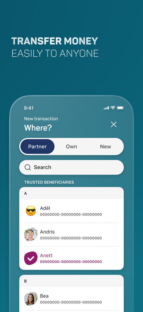 MBH Bank App mobile interface showing the money transfer screen with a list of trusted beneficiaries
