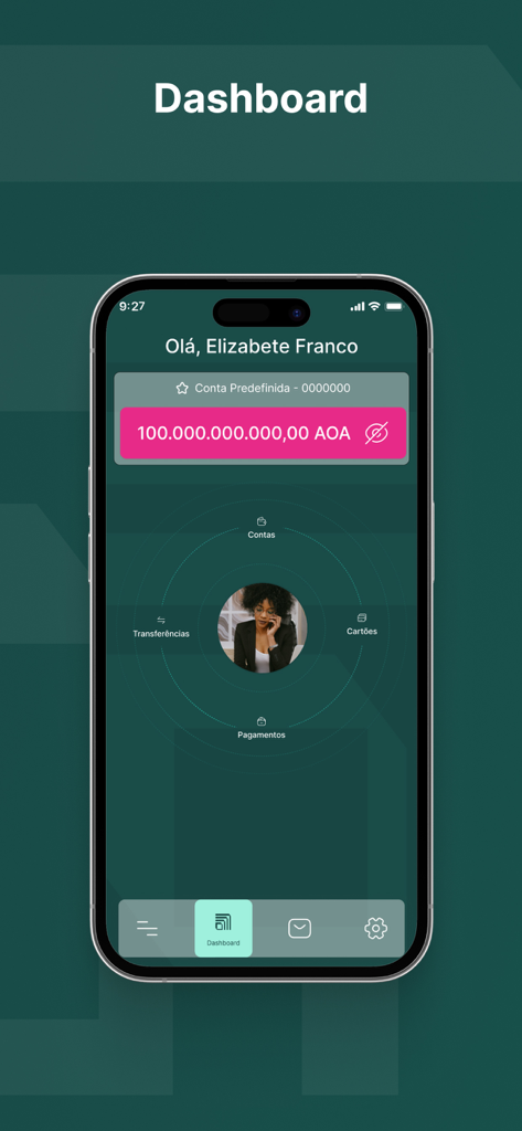 BCI Mobile banking app dashboard showing account balance and circular navigation menu