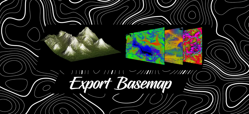 3D Mappa - GIS & Topo Analysis - Un modello di terreno 3D e livelli di mappa di base topografica colorati con la scritta Export Basemap