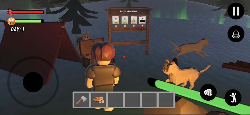 Un personaje estilo Roblox parado en un campamento con un tablero de misión para encontrar niños desaparecidos en el bosque