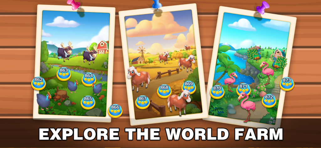 Game screen showing three different farm environments with animals like moose and flamingos and level progress markers