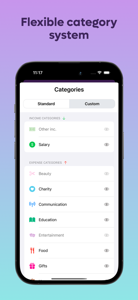 MoneySaver: Budget Planner App - MoneySaver app interface showing flexible income and expense categories.