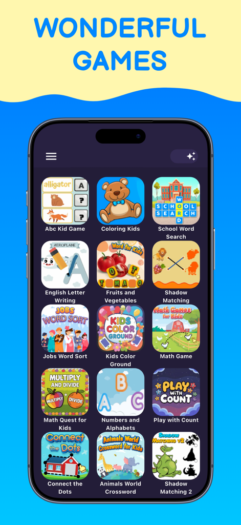A mobile screen showing a menu of educational mini games for kids including math and coloring