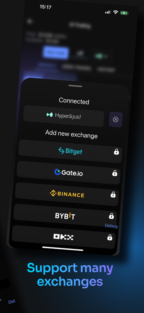 A mobile app screen from Dopamine showing a list of supported crypto exchanges including Binance and Bitget