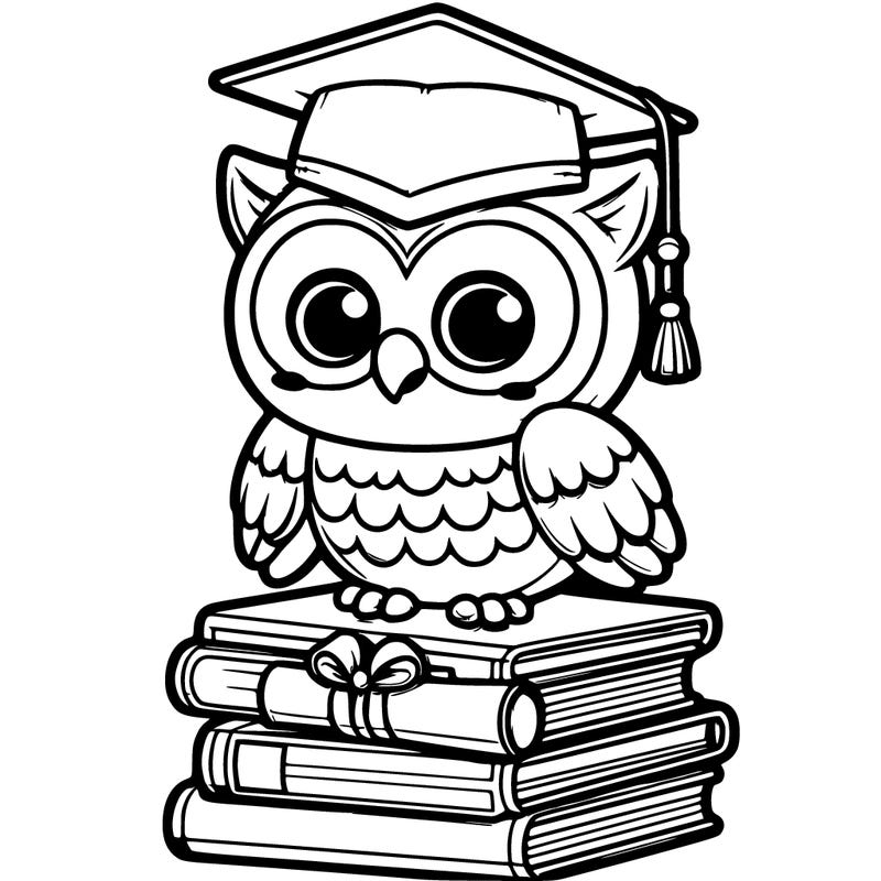 flat 3d style owl> wearing <graduation cap> on a <stack of books> with <a diploma>
