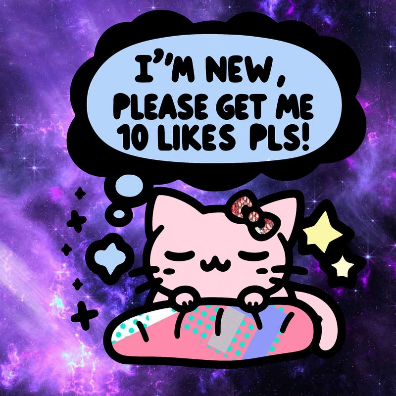 kitty taking a nap dream talking and saying "i'm new, please get me at least 10 likes pls!!"