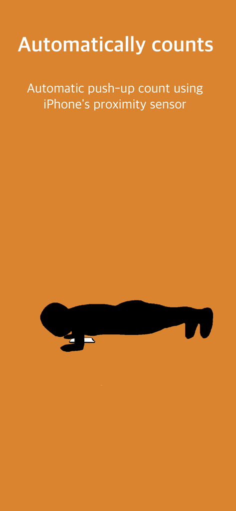 Pushupstar: push ups counter - Silhouette of a person doing a push up while an iPhone automatically counts reps using its proximity sensor