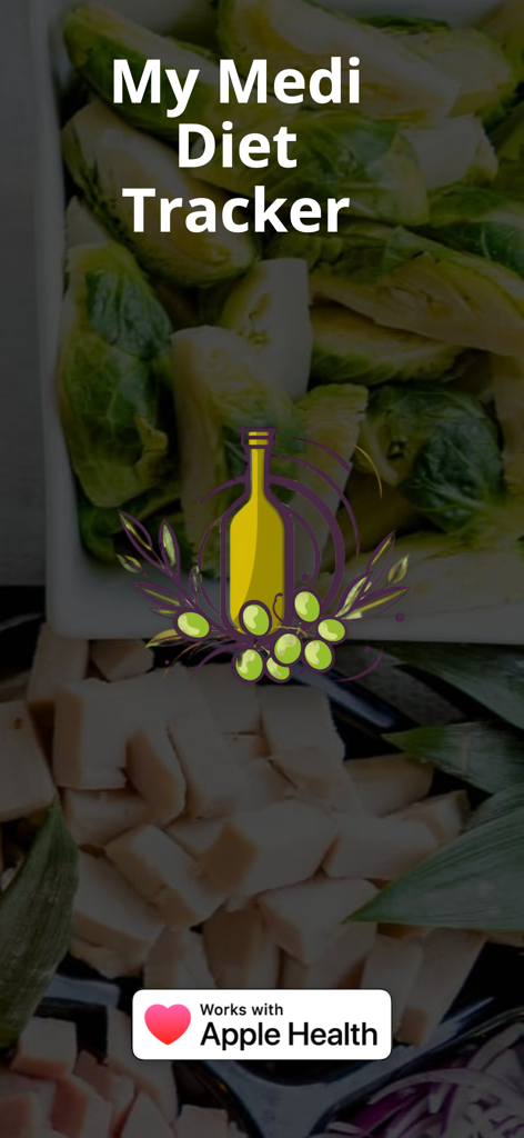 Pantalla de introducción para la aplicación My Medi Diet Tracker con el logo de aceite de oliva y la integración de Apple Health