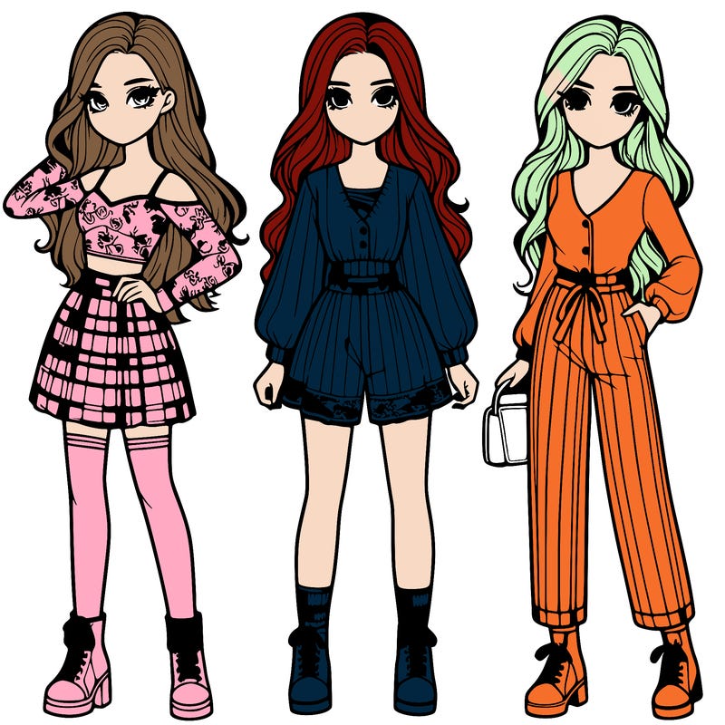 three girls realistic and wearing fashion outfit