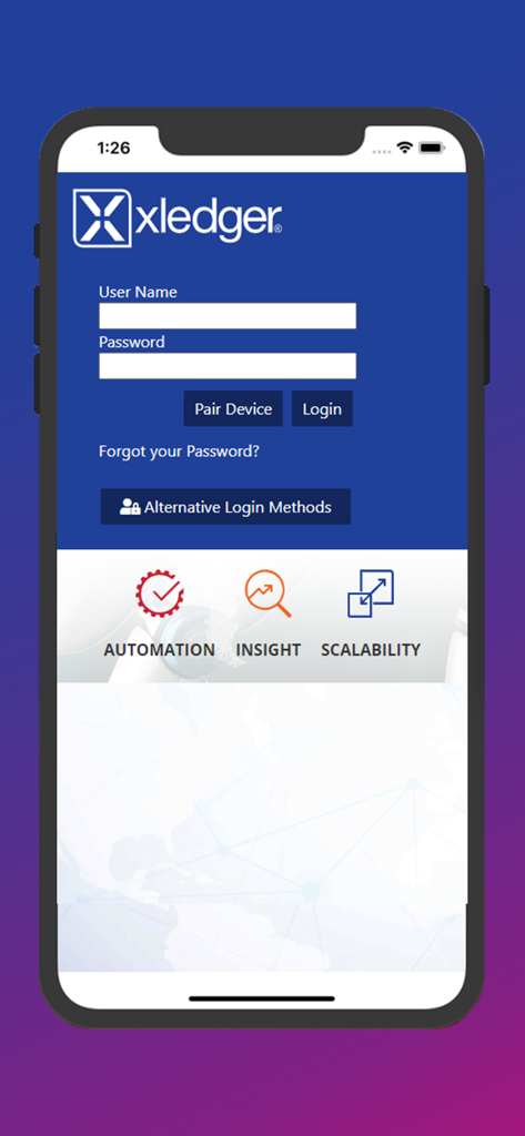 Schermata di accesso dell'app mobile Xledger con campi nome utente e password e icone dei valori aziendali