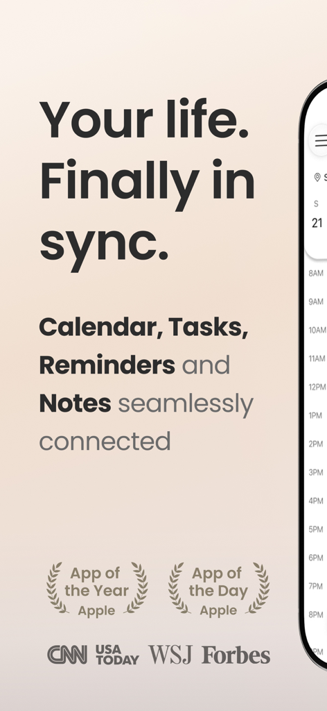 24me: Calendar・Planner & To Do - Pantalla de marketing de la aplicación 24me que muestra calendario sincronizado, tareas, recordatorios y notas con los premios Apple App of the Year